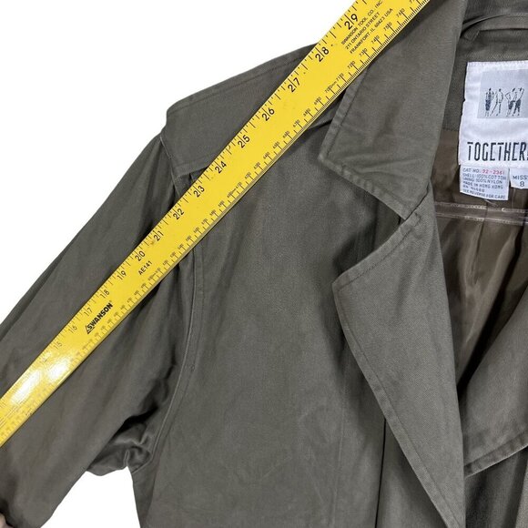 Together Women 8 Military Style Trench Coat Olive Green Leather Trim Grunge Goth - Picture 12 of 16